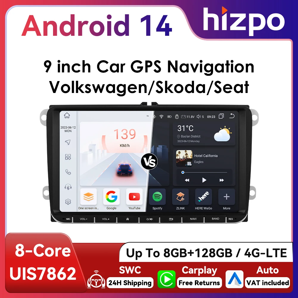 Hizpo 9-Zoll CarPlay Android Auto Autoradio für VW Volkswagen Golf Passat B6 B7 Skoda Seat Octavia Polo Tiguan RDS DSP GPS BT 4G Image
