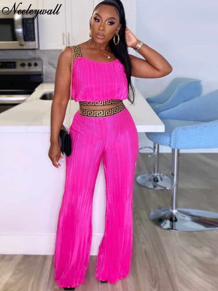 Neeleywall geometrischer Druck seidig plissiert Crop Top und breite Beine Hosen zweiteilige Set Mode geraffte aktive Set Festival Outfit Image