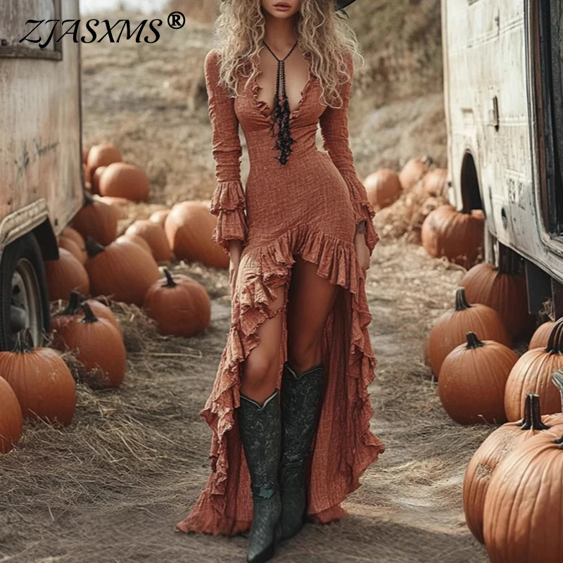 Abito etnico retrò con volant irregolare Abito da donna primaverile con scollo a V Abito lungo da festa sottile Abito lungo Boho a maniche lunghe con farfalla autunnale