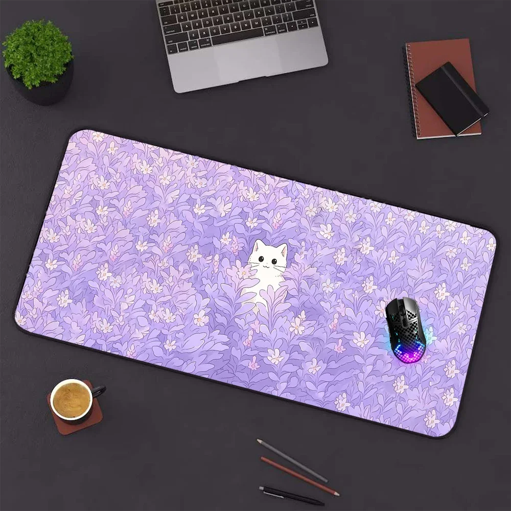 Lilac Mous Pad Kawaii Pastel Cat Mousepad Purple 80x30 Office Accessories Deskpad Cute Table Carpet Custom Desk Protection Mat Image