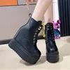 12CM Punk Stil Frauen Plattform Keile Stiefel Herbst Weiche Leder Mode Metall Niet Weibliche Spitze Up High Heel Gothic Schuhe schwarz