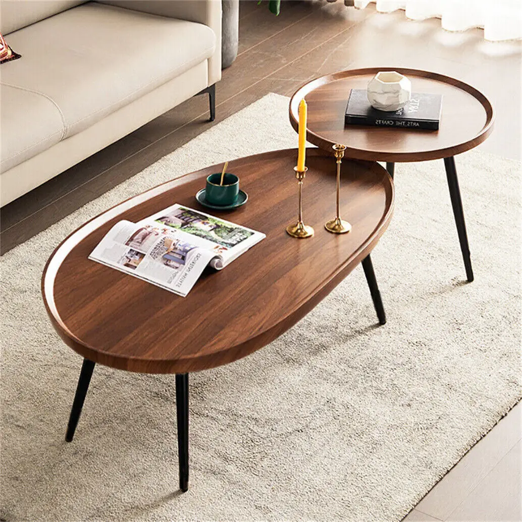 LUVODI Unregelmäßiges Wohnzimmer-Couchtisch-Set, kleiner tropfenförmiger Sofa-Beistelltisch aus massivem Holz, 2-in-1 mit dreieckigen Beinen Image