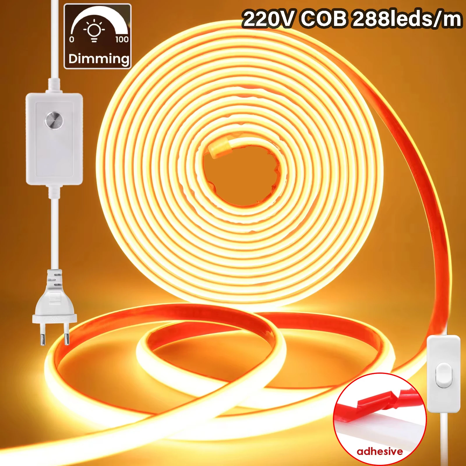 Dimmbares 220 V COB-LED-Streifen-Klebeband, 288 LEDs/m, IP65, wasserdicht, für den Außenbereich, Neonlichter für Küche, Zimmer, Gartenbeleuchtung