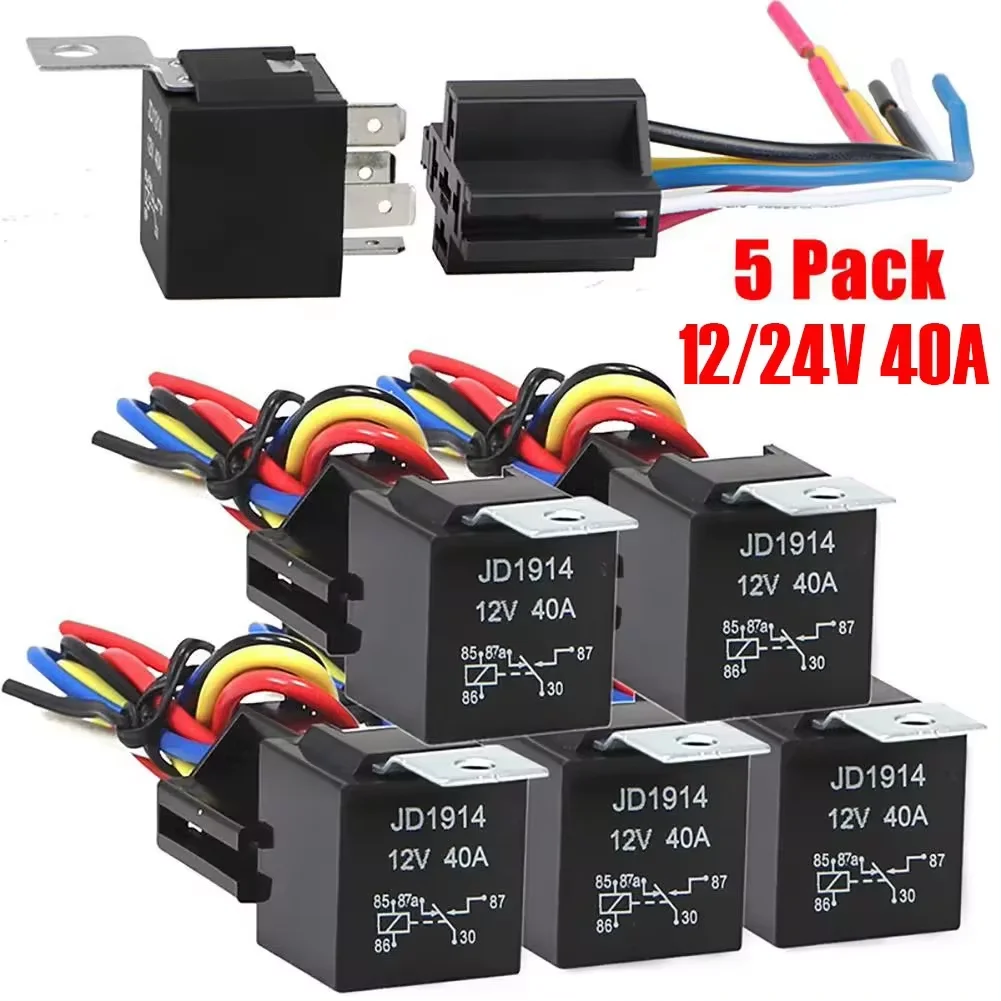 5 Stück Auto Relais Kabelbaum 12V 24V 5pin 40a Auto Relais mit schwarz rot Kupfer Klemme wasserdicht Auto Relais Buchse SPDT Kabelbaum Kabel Image