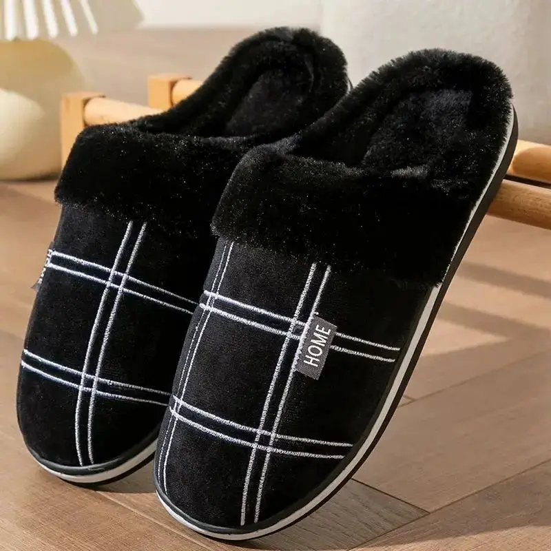Männer Hause Hausschuhe Plaid Memory Foam Winter Plüsch Männliche Indoor Schuhe Warme Weiche Nicht-Slip Hausschuhe Schwarz Große größe 50-51 Mode