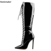Sukeia Frauen Winter Knie Stiefel Side Zipper Sexy Stiletto Heels Spitz Schöne Schwarz Party Schuhe Damen UNS Größe 5-15