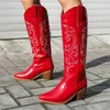 Western Frauen Winter kniehohe Stiefel Mode Stickerei Cowboy Cowgrils Stiefel Keile Absatz rote Party Schuhe Damen Größe 45