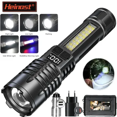 Super Bright LED Flashlight TYPE-C Rechargeable Flash Light with COB Side Light Powerful Torch for Outdoor Camping Fishing