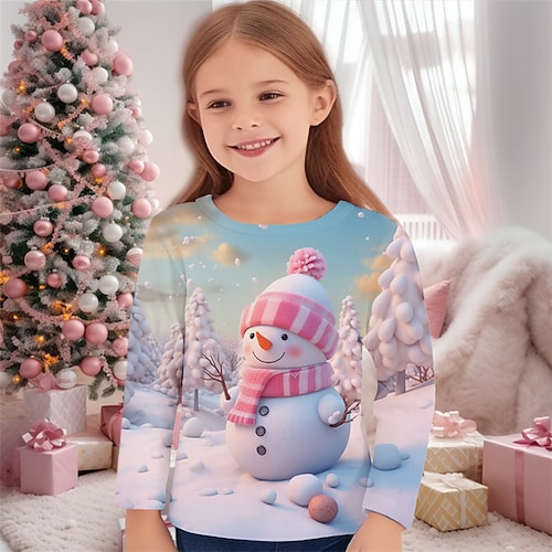 Mädchen 3D Schneemann T-Shirt Hemd Rosa Langarm 3D-Druck Herbst Winter Aktiv Modisch Kuschelig Polyester kinderkleidung 3-12 Jahre Rundhalsausschnitt Outdoor Casual Täglich Regular Fit Image