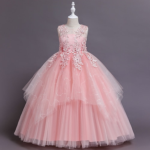 Blumenmädchenkleid Kinder Mädchen Prinzessinenkleid Leistung Hochzeit Party Elegant Schön Gitter Feste Farbe Ärmellos Rundhalsausschnitt Weiß Rosa 4 Jahre Image