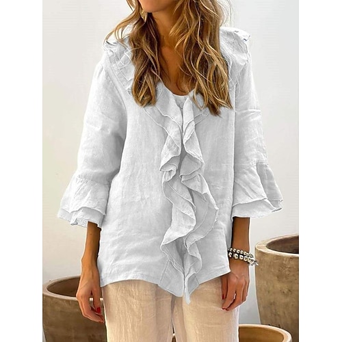 Damen Hemd Bluse Kunstbaumwollleinen Rüsche Einfarbig Basic Lässig Langarm V Ausschnitt Normale Oberteile Täglich Weiß Grün Grau Herbst Winter Image