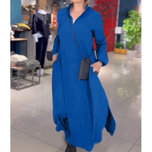 Damen Maxikleid schwarzes kleid Cocktailkleid Abendkleid Elegant Formell Party Formell Lässiger Schnitt Langarm V Ausschnitt Blau Schwarz Rote Frühling Herbst Image