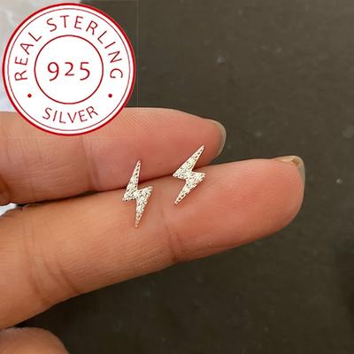 TEMU 1g/0.04oz 925 Silvery Stud Earrings Exquisite Tiny Lightning Shaped Zirconia Decor Stud Earrings Jewelry For Women Image