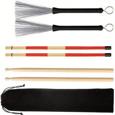 TEMU 1 Set Drums Jazz Drums Percussion Instrument Accessories With 5a Maple Drum Stick Steel Wire Drum Brush Bundle Bamboo Stick