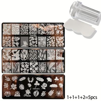 TEMU 5-piece Nail Kit With Leaves, Flowers, And Patterns - Diy Transfer Plates For Manicure Studio - Free Templates With Stamp And Scraper Included. Image