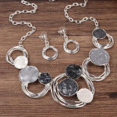 TEMU Earrings Necklace 2 Sets Alloy Thick Silvery Material Circular Hollow Enamel Drop Oil Inlaid Plate Simple Atmosphere High-grade Holiday Gray Tone Cold Image
