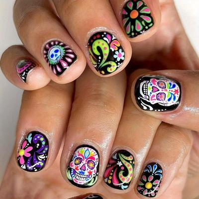 TEMU 24-piece Halloween Press-on Nails Set - Short Square Glossy Finish With Colorful Floral And Festive Patterns - Easy To Apply Removable Manicure Kit Image