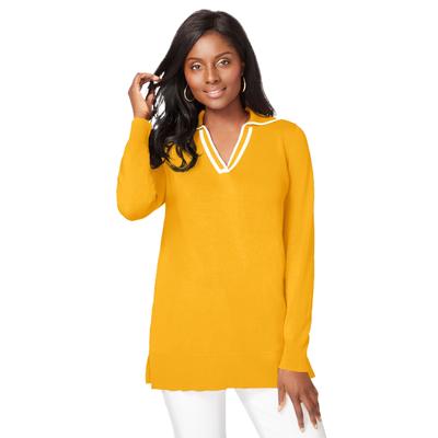 Plus Size Women's Fine Gauge Contrast Tipped Collar Sweater by Jessica London in Sunset Yellow White (Size 3X)