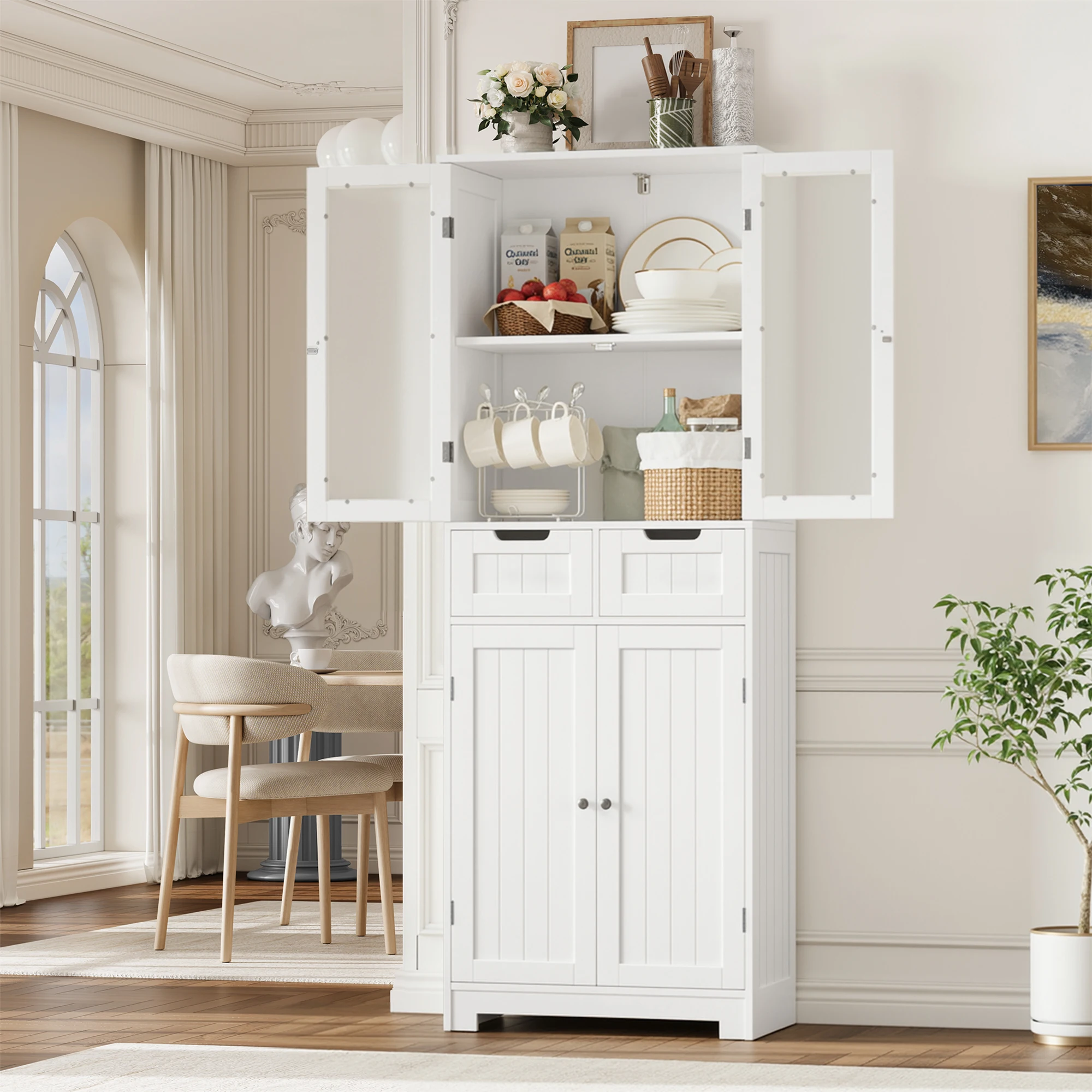 Sideboard, 170cm Küchenschrank Hoch, Buffetschrank mit 4 Türen und 2 Schubladen, Badezimmerschrank Hoch, Moderner Stil