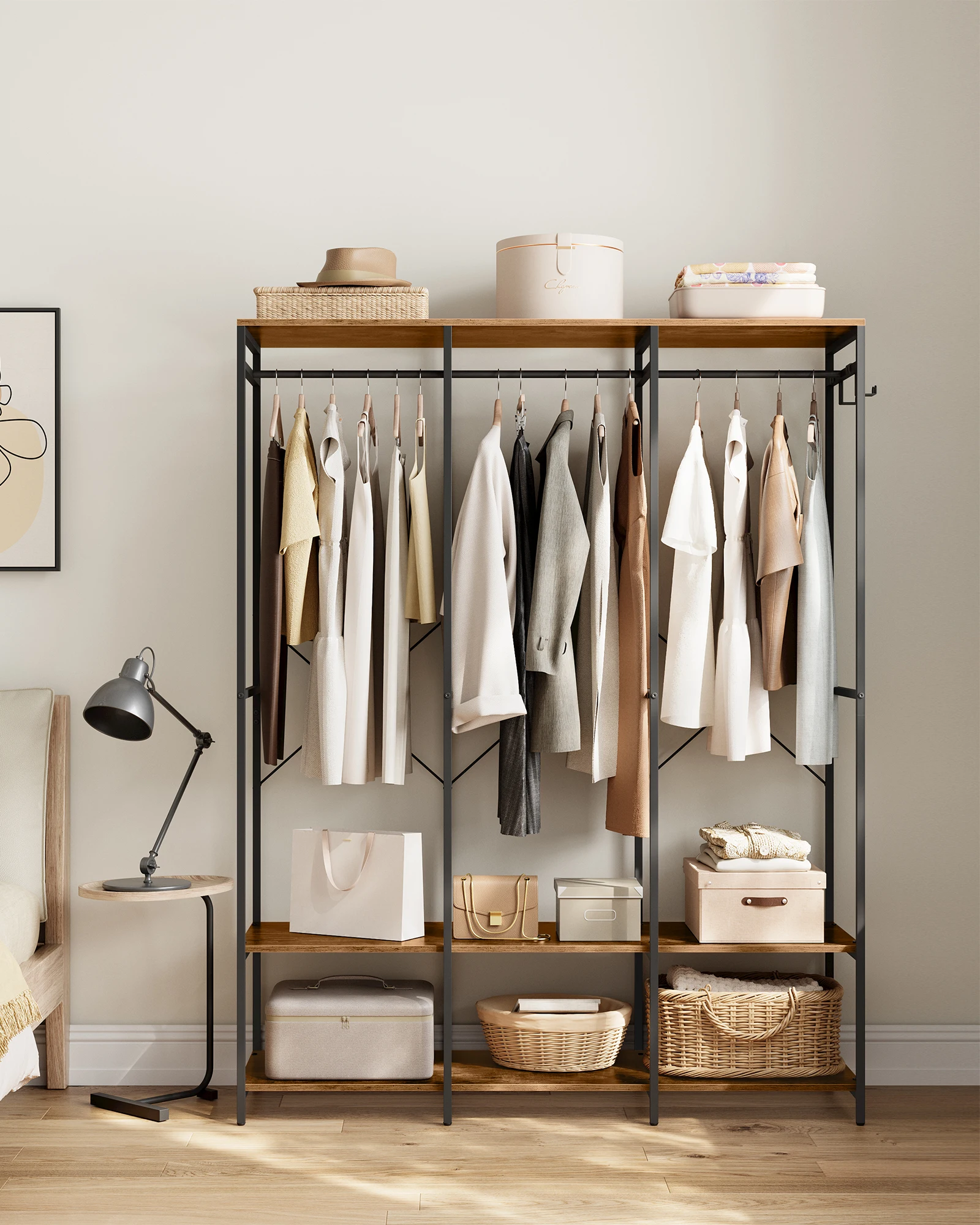 SONGMICS Kleiderschrank offen, Kleiderständer, Garderobenständer, Garderobe mit Kleiderstange, Ablagen, abnehmbare Haken