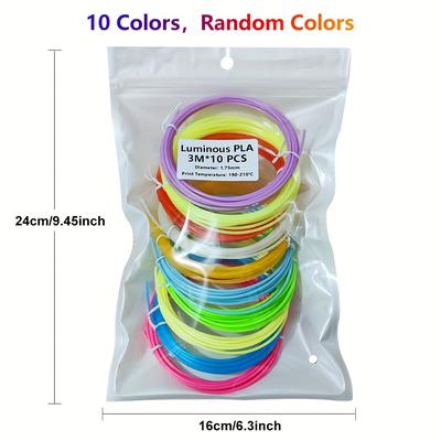 TEMU Glow-in-the-dark Pla 3d Printing Filament Set - 1.75mm Multicolor Luminous Filaments For 3d Printers And Pens, 10 Assorted Colors, 10 Feet Each (total 100 Feet), Random Colors