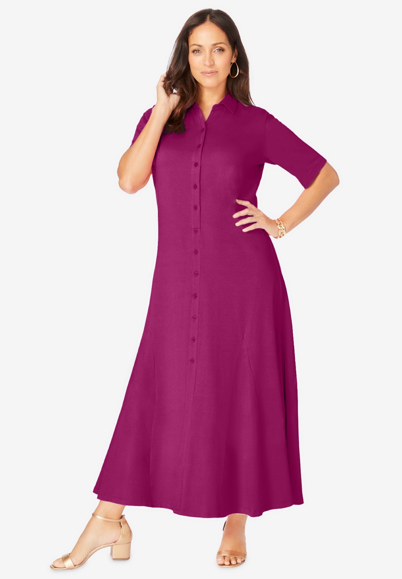 Plus Size Women's Stretch Cotton Button Front Maxi Dress by Jessica London in Raspberry (Size 18 W)