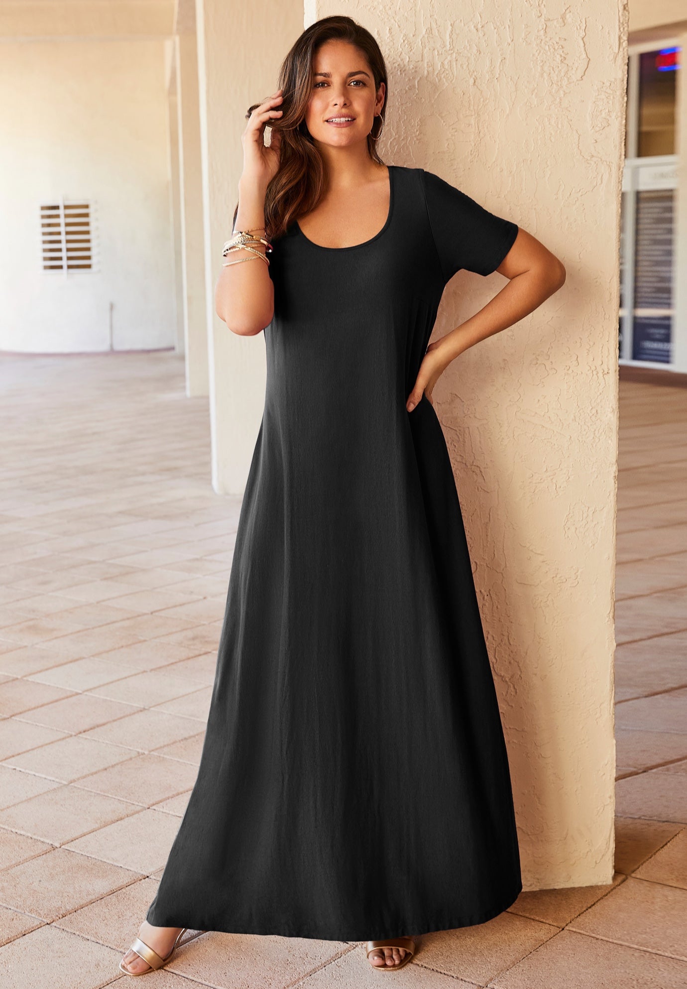 Plus Size Women's Stretch Cotton T-Shirt Maxi Dress by Jessica London in Black (Size 20)