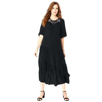 Plus Size Women's Hand-Crinkled Crochet Neck Dress by Roaman's in Black (Size 22 W)