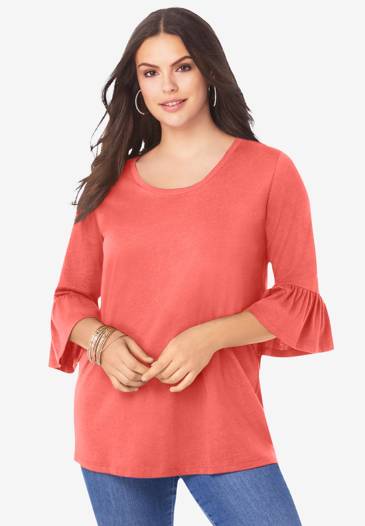Plus Size Women's Plus Size Cotton Ultimate Bell Sleeve Tee by Roaman's in Sunset Coral (Size 30/32) Shirt