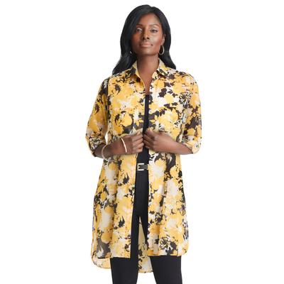 Plus Size Women's Sheer Georgette Mega Tunic by Jessica London in Yellow Graphic Garden (Size 34 W) Long Sheer Button Down Shirt