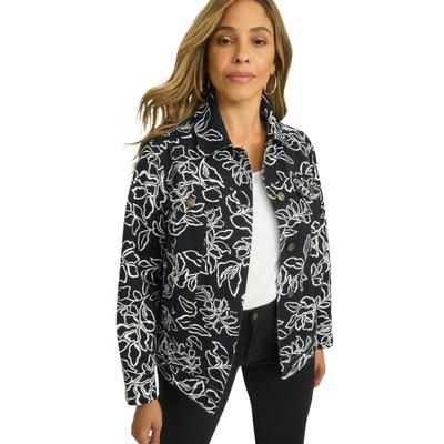 Plus Size Women's Classic Cotton Denim Jacket by Jessica London in Black Floral (Size 28) 100% Cotton Jean Jacket