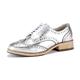 U-lite Women's Perforated Lace-up Wingtip multicolor Leather Flat Oxfords Vintage Oxford Shoes, Silver, 9 UK