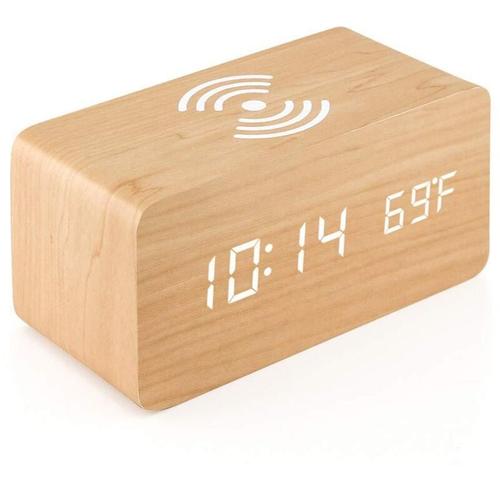 Digitaler Thermometer-Wecker, Holz-Digitalwecker, LED-Digital-Holzwecker mit kabellosem Ladegerät,