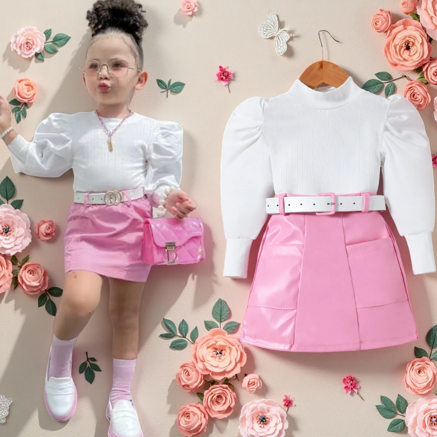 Ensemble de vêtements pour enfants filles, chemise à manches longues, haut et jupe, tenue pour les sorties et un usage quotidien, vêtements pour enfants