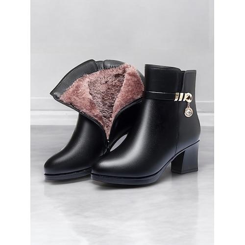 Schwarze Stiefeletten für Damen - Kunstleder mit Plüschfutter, seitlichem Reißverschluss und Blockabsatz für Wintermode und Freizeitkleidung
