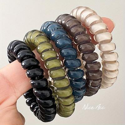 TEMU Korean Large Size Jelly Telephone Cord Scrunchies For Women - Set Of 5, 2023 New Durable Spiral Hair Ties, Minimalist Sweet Style, Solid Color Plastic Material, Suitable For Ages 14+