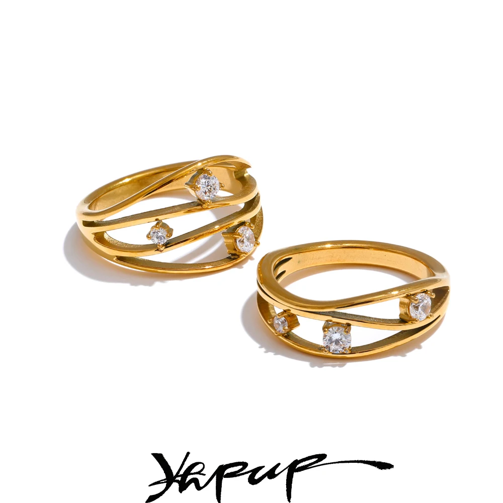Yhpup 2 Stile Acciaio Inossidabile Colata di Metallo Hollow Intarsiato Cubic Zirconia Anello di Moda 18k Oro PVD Placcato Gioielli da Dito Alla Moda