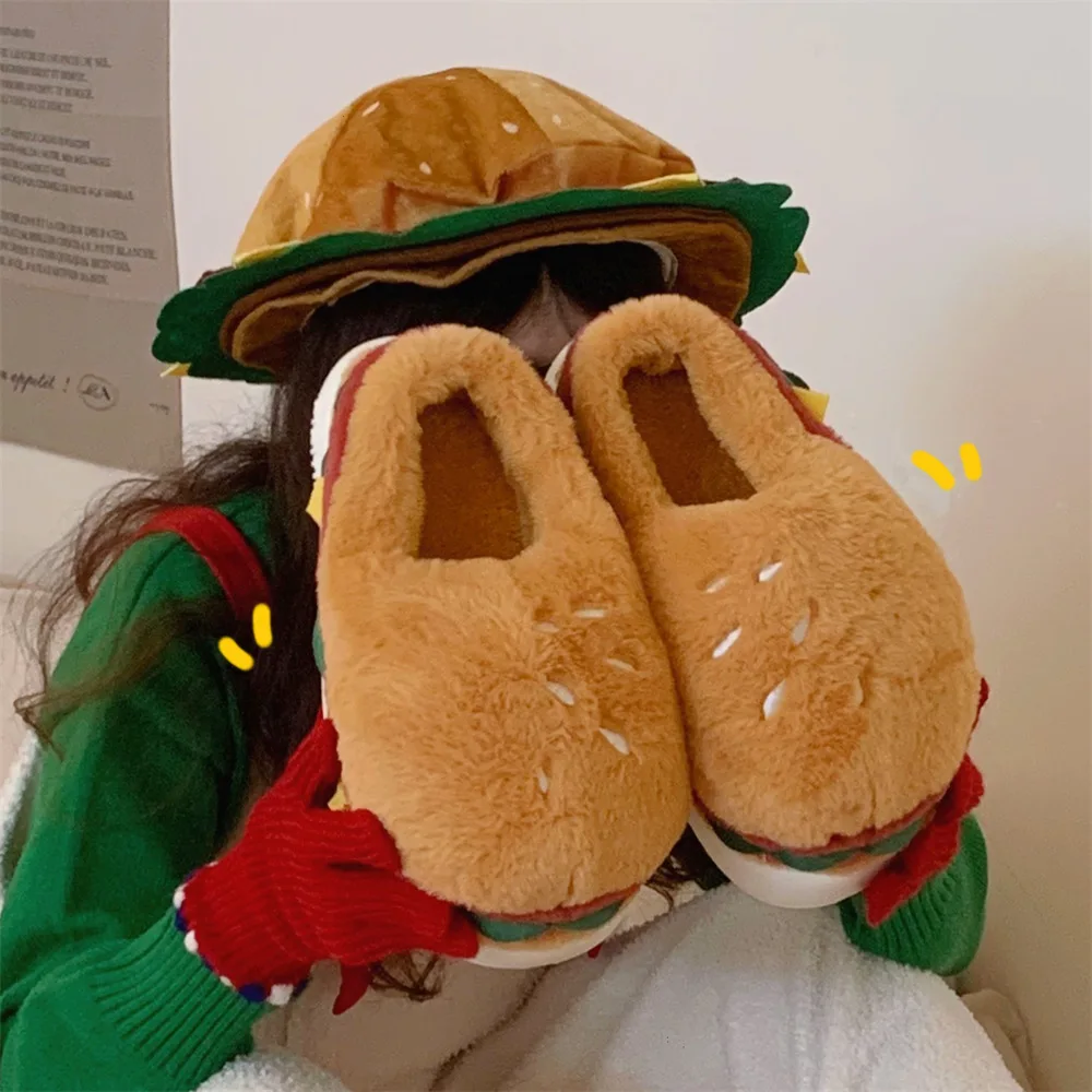 Flauschige, warme Winterschuhe für Damen und Herren, Fellrutschen, flauschige Halbschuhe für den Innenbereich, Osterbrot-Slipper 44, 45, neue lustige Hamburger-Hausschuhe