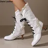 Frauen Sexy Lace Up Mid-Kalb Ferse Stiefel Vintage Gothic Spitze High Heel Stiefel Viktorianischen Steampunk Cosplay Herbst Stiefel schuhe 34-48