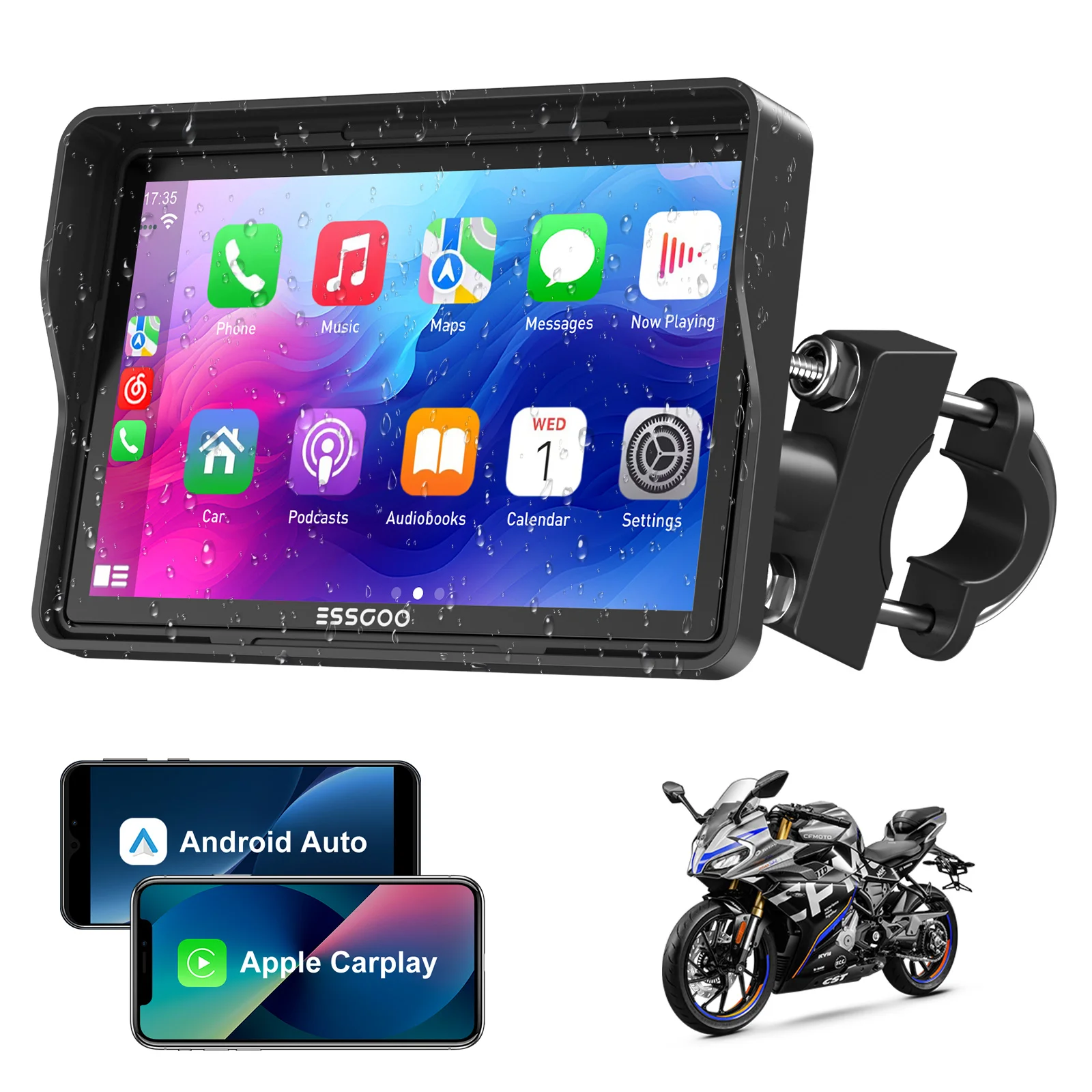 ESSGOO 5" Motorrad Tragbare Drahtlose Apple Carplay Android Auto IP67 Wasserdichte GPS Nav Bluetooth Touchscreen USB TF Image