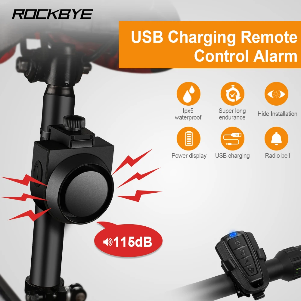 Rockbye Fahrrad klingel USB wiederauf ladbare Motorrad elektrische Hupe MTB Rennrad Fernbedienung Anti-Diebstahl-Alarm Fahrrad zubehör Image
