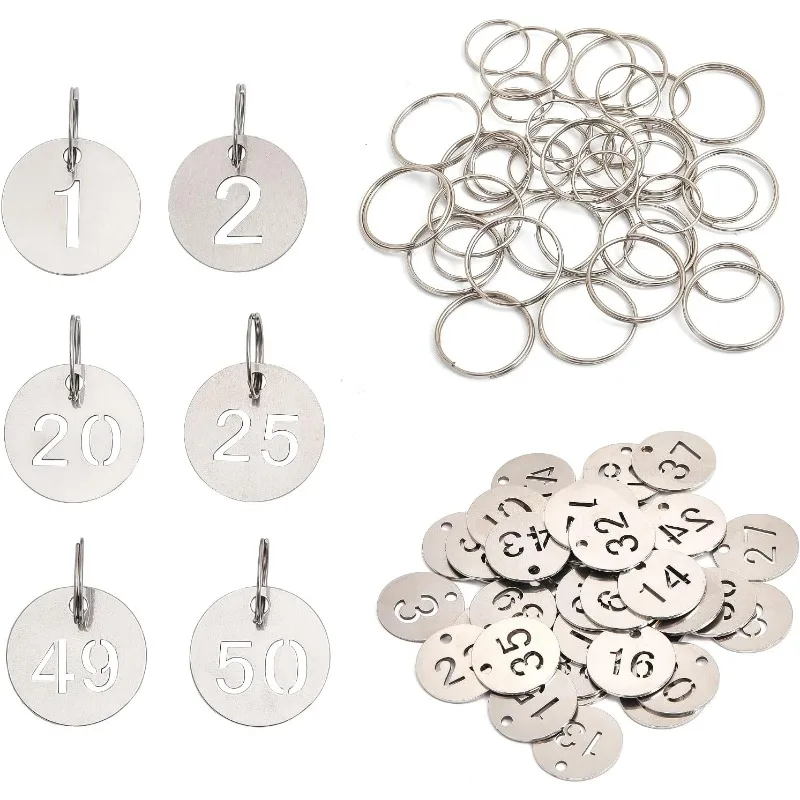 50 Stück Nummernschilder aus Edelstahl und Metall, rund, nummerierte Etiketten, Ausweis-Nummernschilder, Identifikation, Hängeetiketten, Etiketten mit 50 Stück Schlüsselringen Image