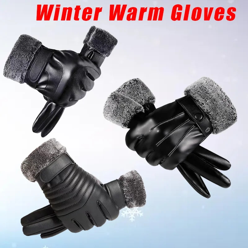 Ein Paar Winterhandschuhe – dickes, wasserdichtes, warmes und wasserdichtes Kunstleder mit weichem Samtfutter für Outdoor-Motorradfahren Image