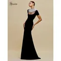VC Schwarzer Samt A-Linie Langes Kleid Strass Perlen verziert Sheer Mesh Rollkragen Kurze Ärmel Party Abendkleid Vestido