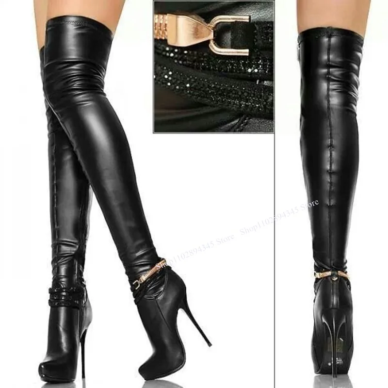 Schwarz Diamant Kette Plattform Stiefel Dünne High Heel Spitz Mode Sexy Winter Große Größe 2025, Frau Schuhe Zapatillas Mujer