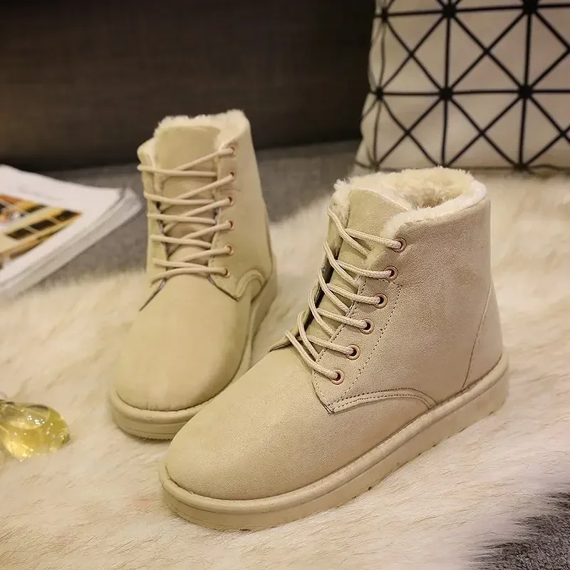 2024 Frauen Winter Schneeschuhe warm flach plus Größe Plattform schnüren Damen Damenschuhe neue Flock Pelz Wildleder Stiefeletten 36-42