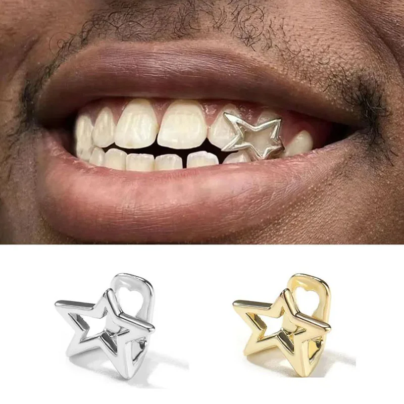 Halloween Unregelmäßige Hohl Pentagramm Stern Zähne Grillz Hip Hop Gold Silber Farbe Zahn Kappen Für Frauen Männer Schmuck