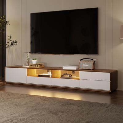 94.49"Modern TV Stand with LED Lights,White and Walnut Wood Media Console with 4 Drawers,Open Storage Cabinet,Fully-assembled