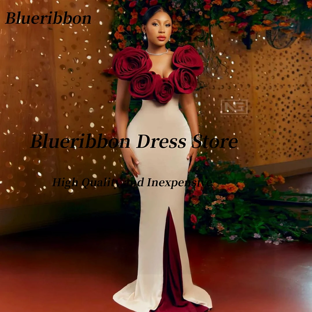 Blueribbon Customized Prom Dresses Handmade Flowers Neckline Evening Dress Contrast Color Trumpet Special Party Gowns