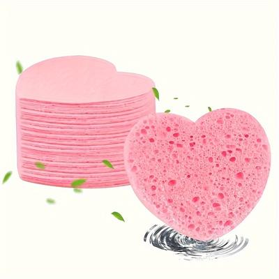 TEMU 50-pack Heart-shaped Compressed Face Sponges With Container - Hypoallergenic, -free, Unscented, Reusable For Types - Natural Cellulose & Makeup Remover